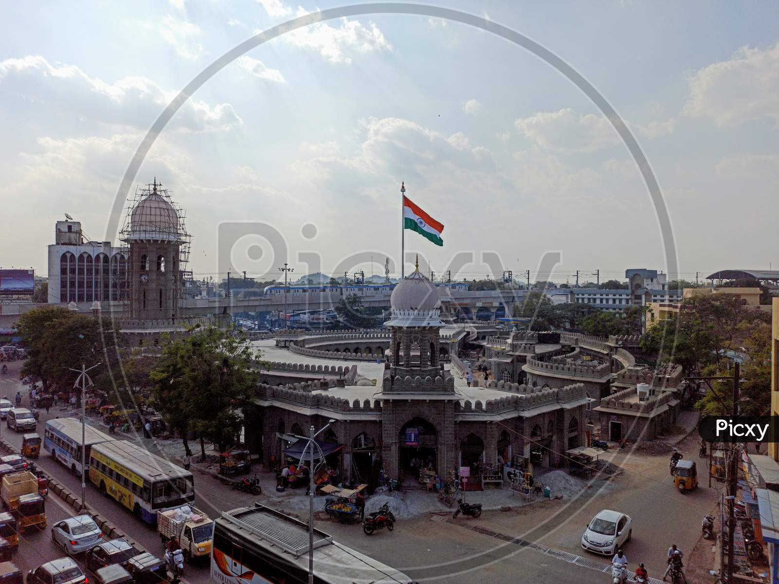 Metro Train and National Flag at Moazzam Jahi Market Hyderabad Telangana India