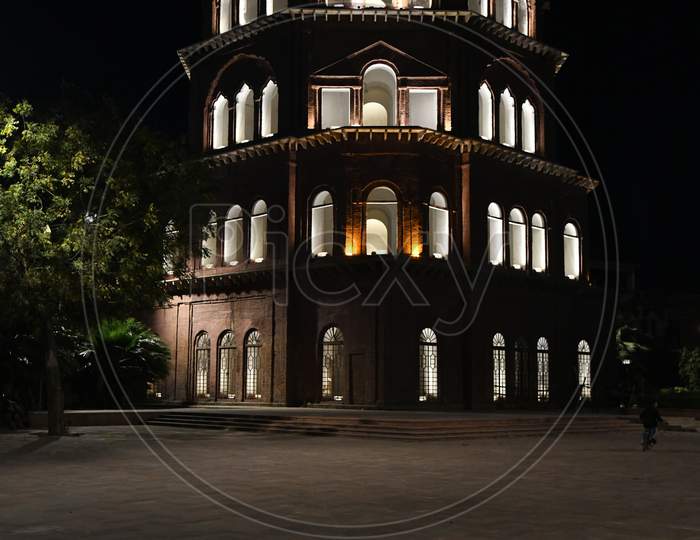 Architecture Of An Minar Or Tower With Night Lights Effect