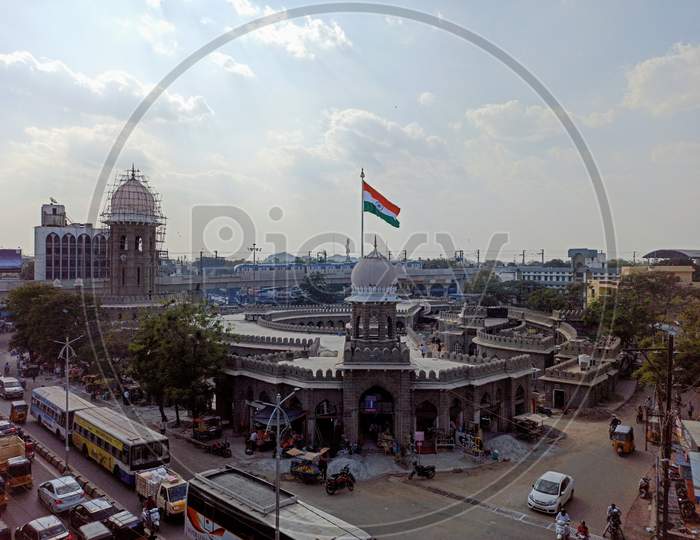 Metro Train and National Flag at Moazzam Jahi Market Hyderabad Telangana India