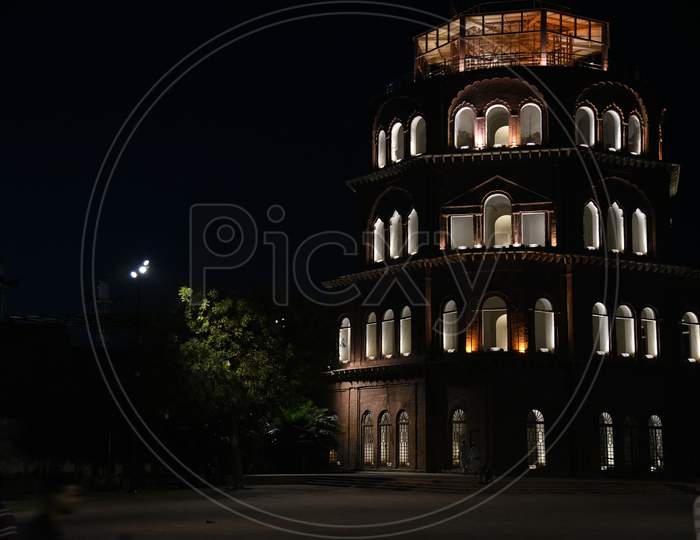 Architecture Of An Minar Or Tower With Night Lights Effect