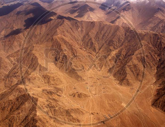 Sand Terrains With Valley Passes Aerial View At Ladakh, Leh