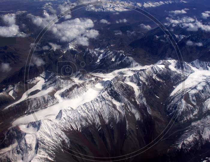 Snow Terrains With River Valley Passes Aerial View In Ladakh, Leh