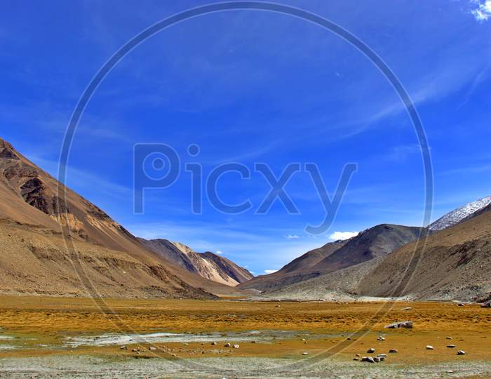River Valley Channels With Mountains In Leh , Ladakh