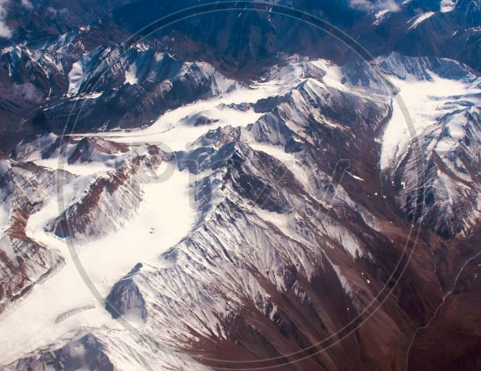 Snow Terrains With River Valley Passes Aerial View In Ladakh, Leh