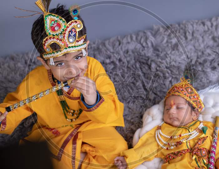 Adorable Indian Boy Dressed as Lord Sri krishna And Posing
