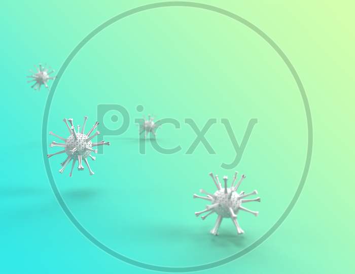 3D Render Of Multiple Coronavirus Model With Selective Focus In Cyan Gradient Background With Space For Text.