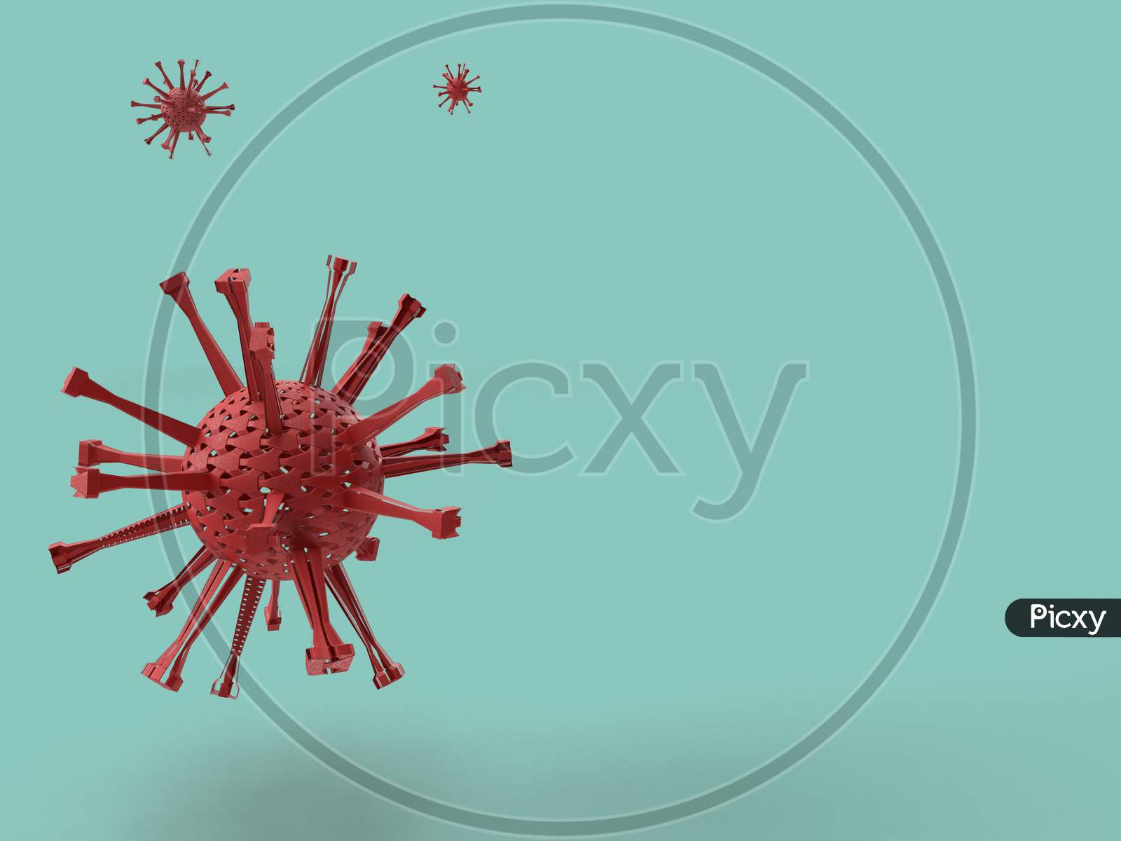 3D Render Of Red Coronavirus Model In Cyan Background With Space For Text.