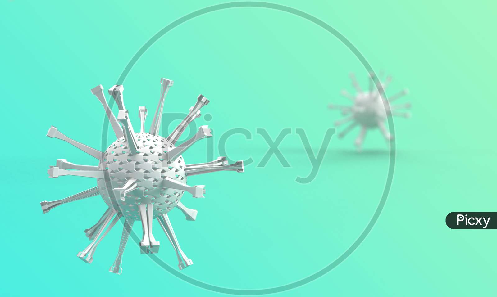 3D Render Of Coronavirus Model In Cyan Gradient Background With Space For Text.