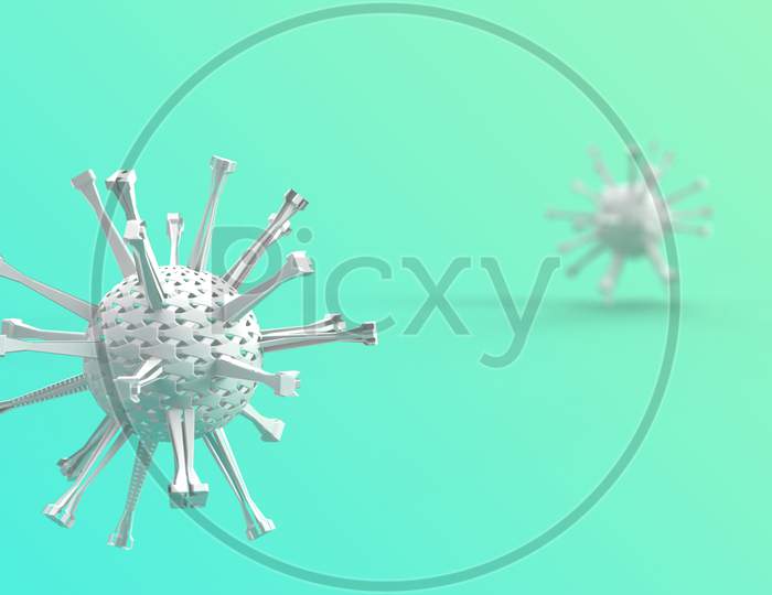 3D Render Of Coronavirus Model In Cyan Gradient Background With Space For Text.
