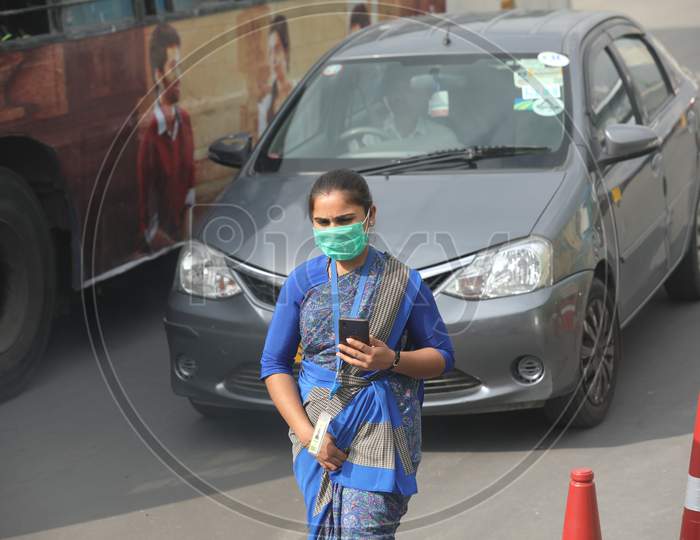 An Woman Wearing N95  Mask Amidst Of Corona Virus Out break or COVID 19  in India