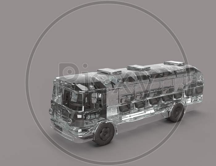 3D Render Of A Transparent Bus Model With Black Seat And Tyres In Grey Background.