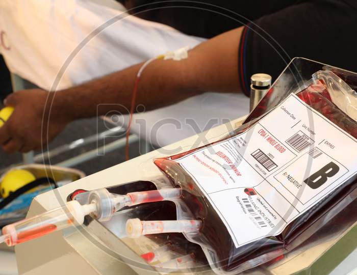 Blood Unit Bag At a Blood Donation Camp