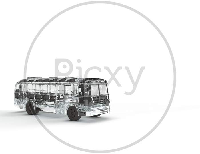 3D Render Of A Transparent Bus Model With Black Seat And Tyres In White Background.