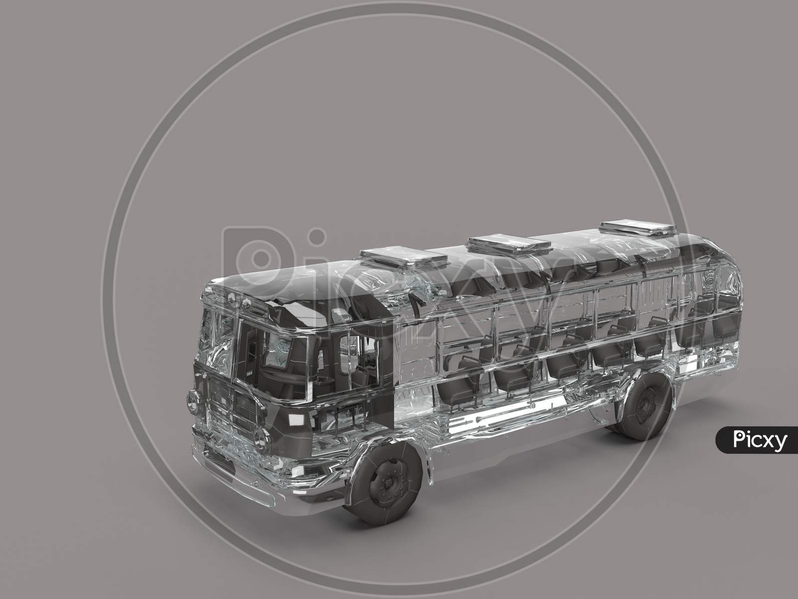 3D Render Of A Transparent Bus Model With Black Seat And Tyres In Grey Background.