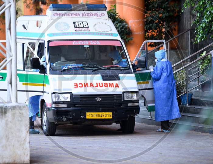 Doctors  wear Full Body Suit and Face Masks at COVID19, Corona Virus Isolation Ward at Gandhi Hospital