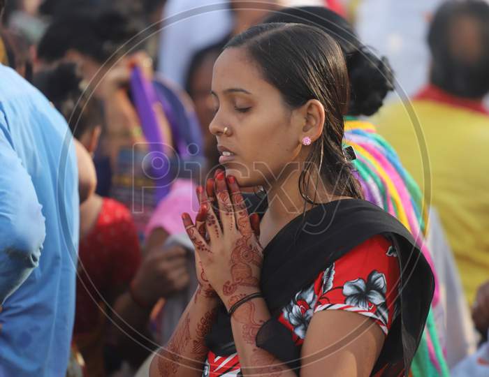 Hindu Devotees Offering Prayers to Triveni Sangam River in Prayagraj