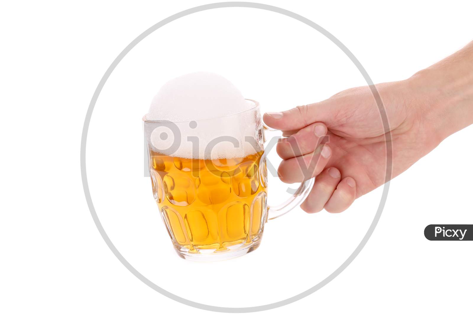 Hand Holds Mug Of Beer With Foam. Isolated On A White Background.