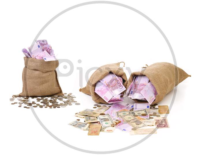 Three Bags With Much Money. Isolated On A White Background