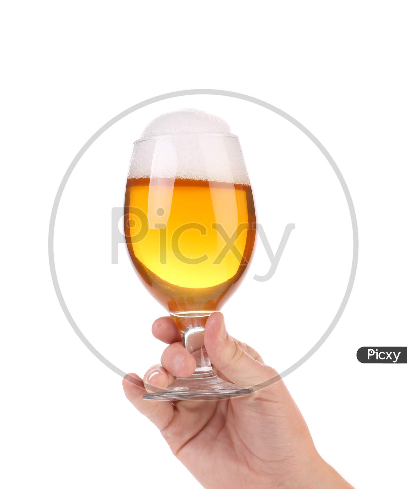 Full Beer Glass In Hand. Isolated On A White Background.