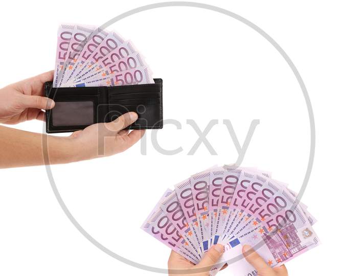 Close-Up Of Five-Hundredth Euro Banknotes. Isolated On White Background