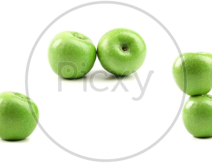 Five Green Apples. Isolated On White Background