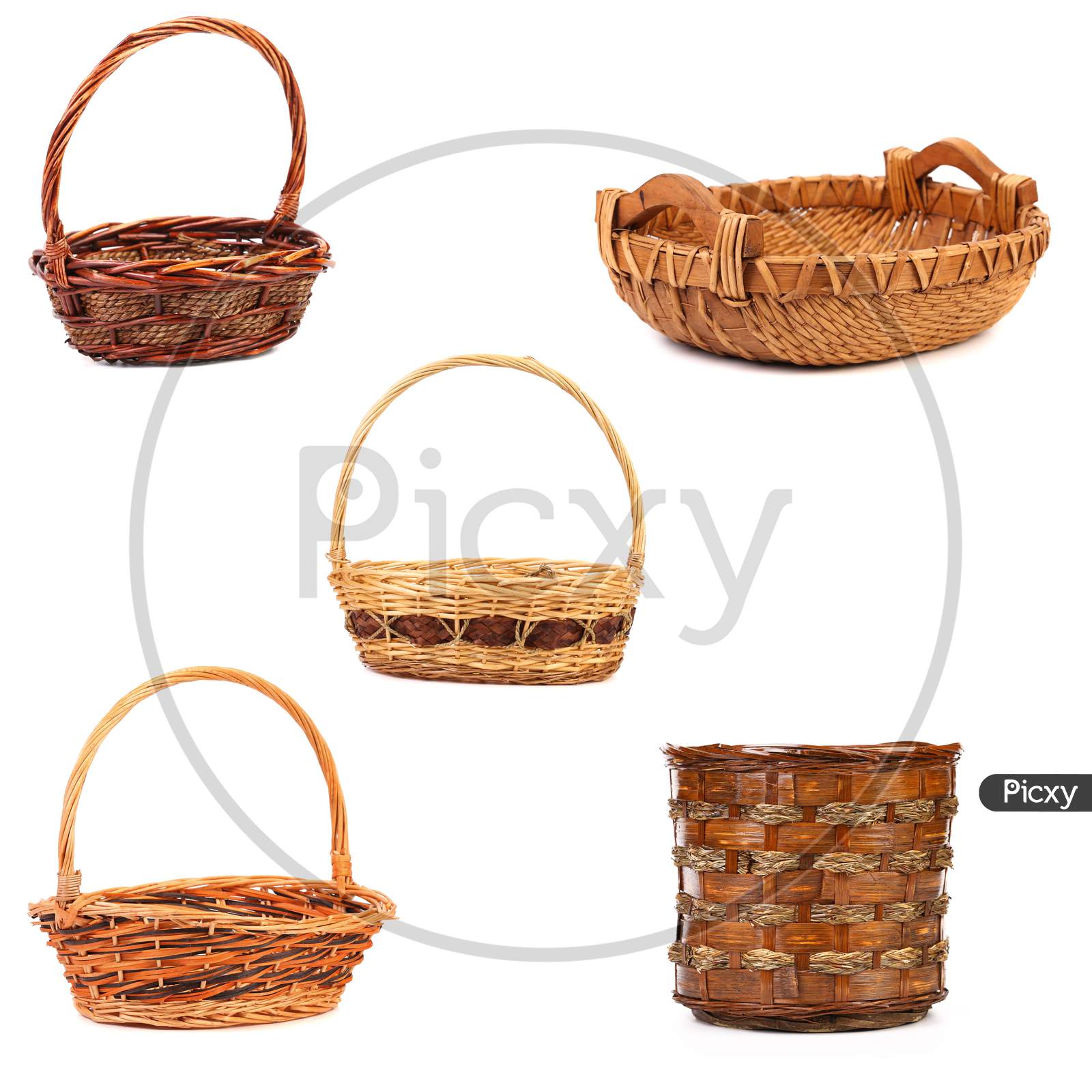 Vintage Weave Wicker Baskets. Isolated On White Background