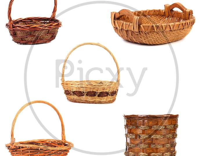 Vintage Weave Wicker Baskets. Isolated On White Background