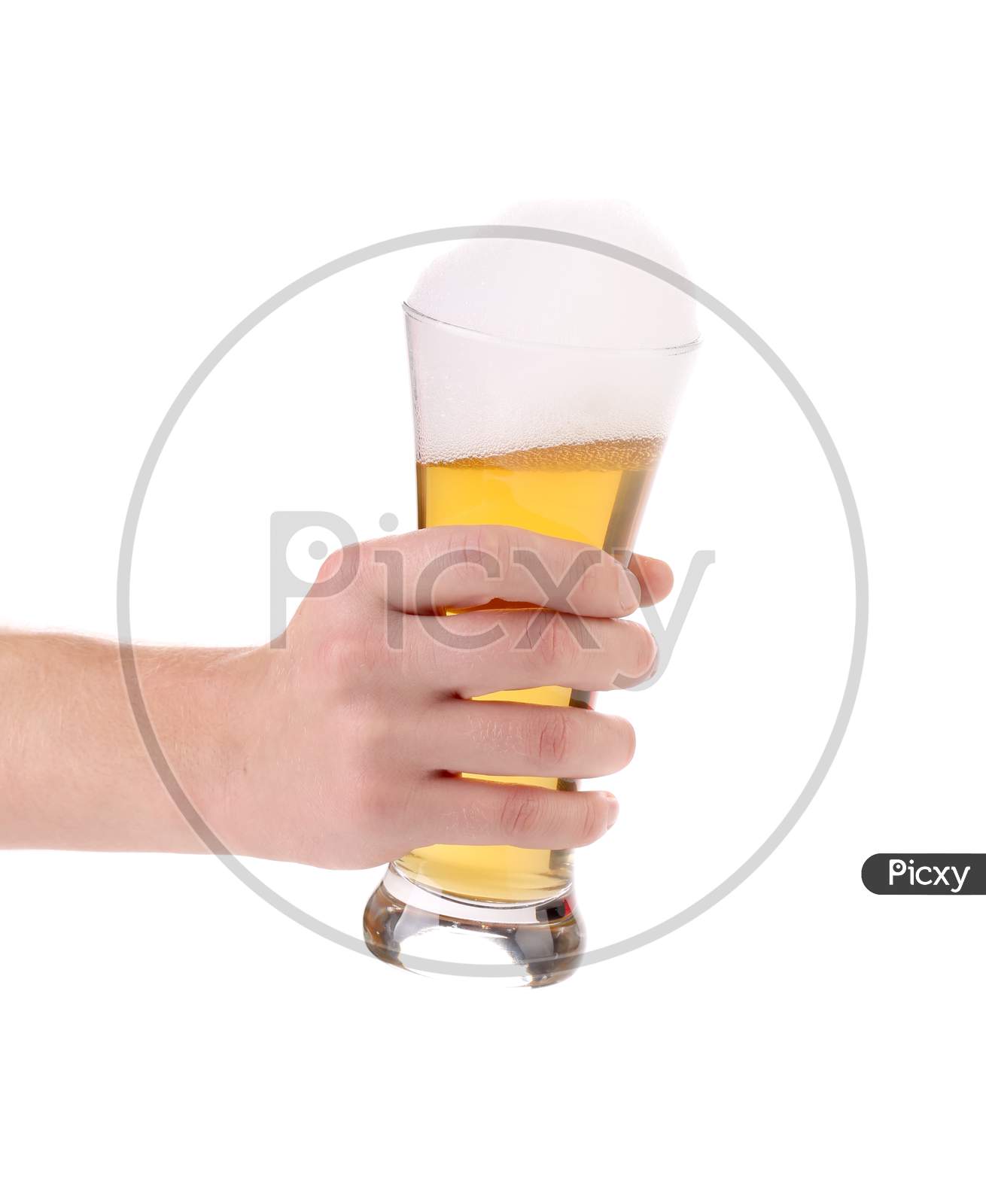 Hand Hold Of Large Glass With Beer. Isolated On White Background