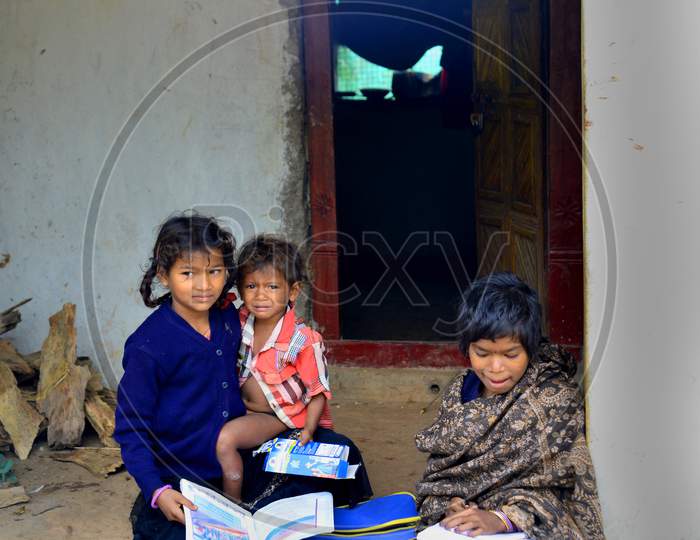 Indian Children Studying in an Rural Village House Background in Kasauli, Himachal Pradesh