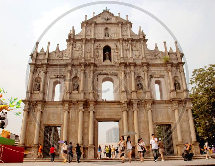 Tourists At The Ruins Of St. Paul Church, Macau