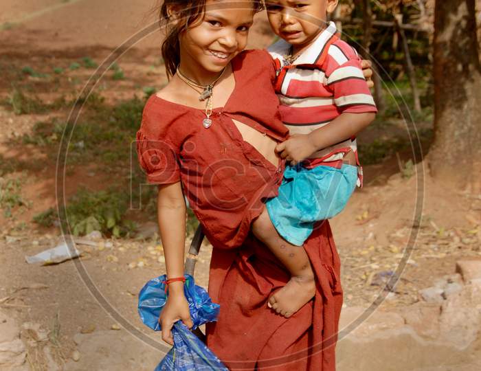 Indian  Poor Children in an Rural Village Street  of Araku
