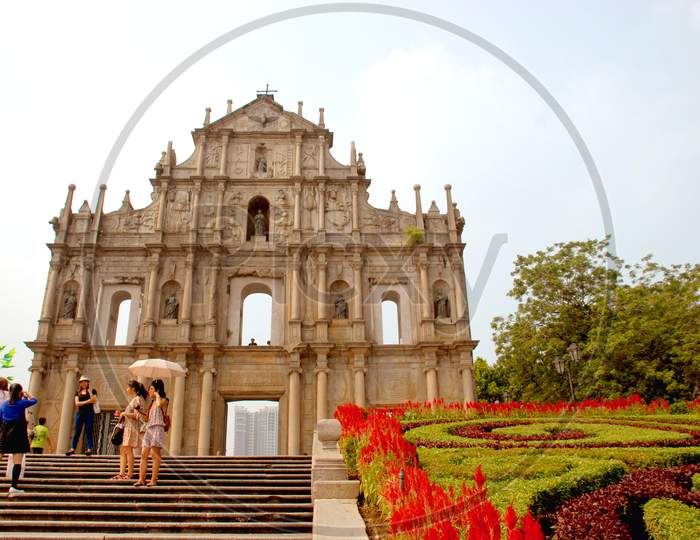 Tourists At The Ruins Of St. Paul Church, Macau