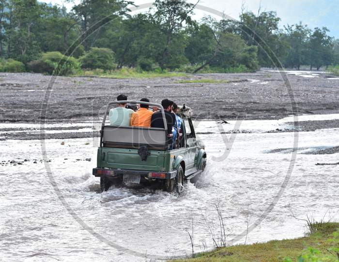 Tourists Off Road On A River Channel of Ganga in Haridwar