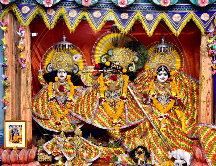 Lord Sri Krishna And Radha Statues In  ISKON Temple