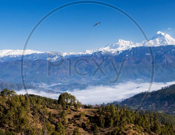A View Of Snow Capped Mountains  At Kausani, Uttarakhand