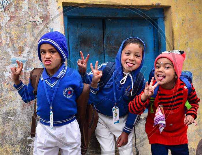 Indian School Children Going To school Wearing School Uniform In Kausani, Uttarakhand