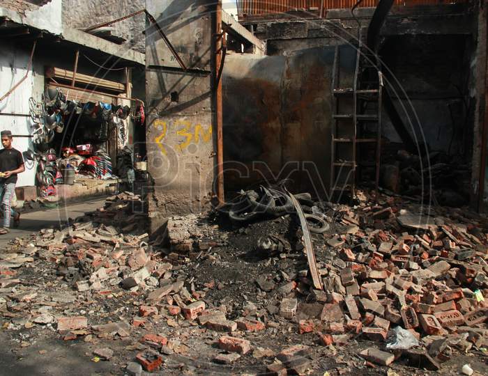 Burnt Shops  At  Gokulpuri Tyre Market After Mob Set Them On Fire  During Violence Against Citizenship Amend Law in North East Delhi