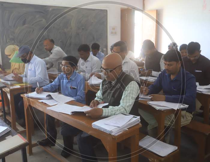 Teachers Checking Uttar Pradesh Board Examination Copies At a School in Prayagraj