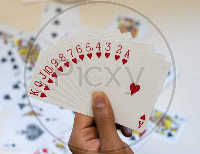 A hand holding all hearts playing card