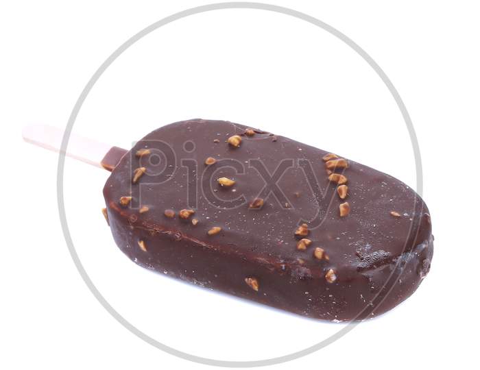 Chocolate Ice Cream With Nuts. Isolated On A White Background.
