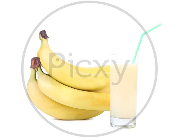 Bunch Bananas And Juice. Isolated. White Background.