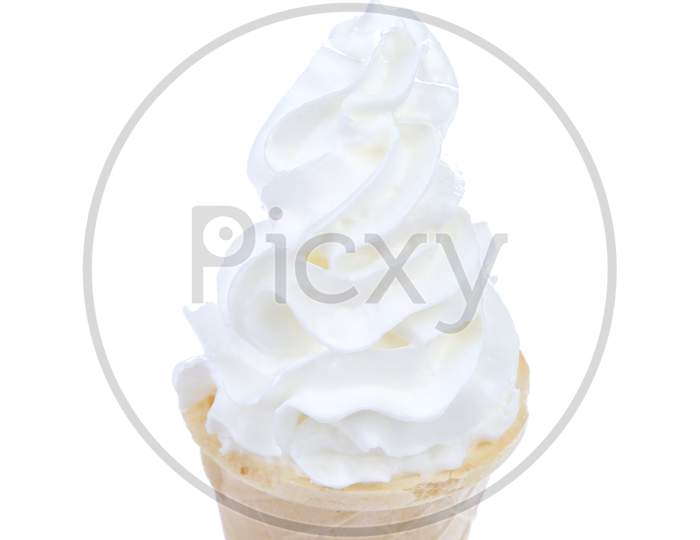 White Ice Creame In Cone. Isolated On A White Background.