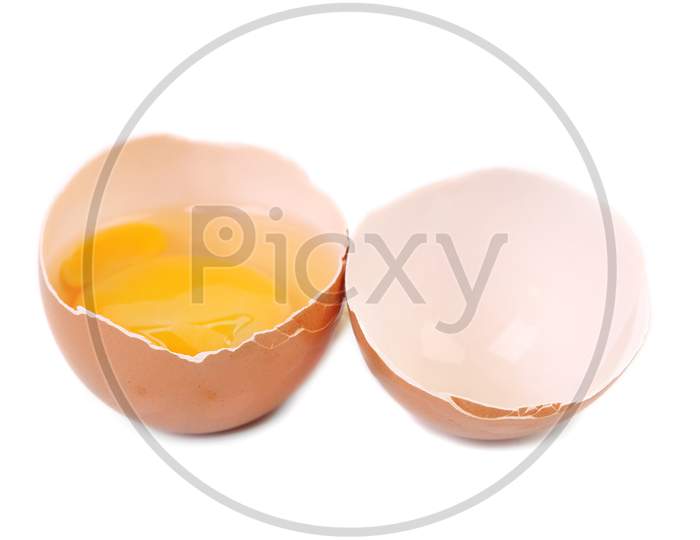 Close Up Of Broken Egg. Isolated On A White Background.