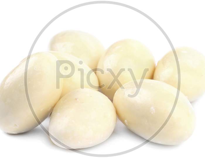 White Dragee In White Chocolate Cover. Isolated On A White Background.