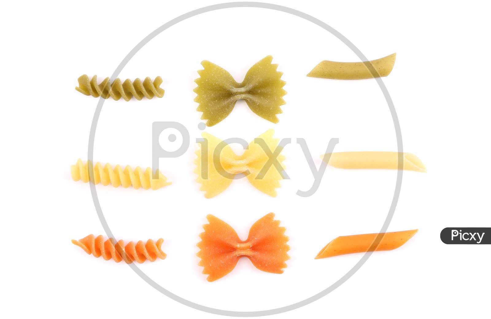 Composition Of Pasta In Three Colors. Isolated On The White Background.