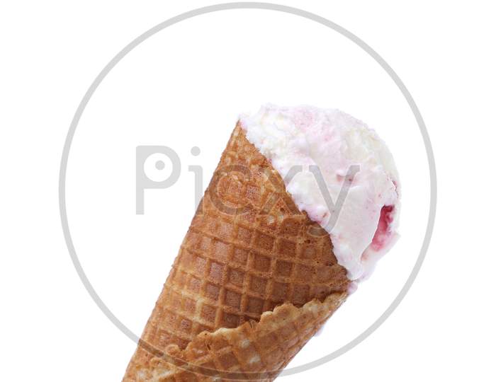 White Ice Creame In Waffer Cone. Isolated On A White Background.