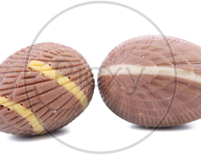 Close Up Of Chocolate Seashells. Isolated On A White Background.