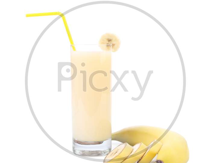 Bunch Bananas And Juice. Isolated On A White Background.