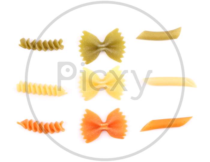 Composition Of Pasta In Three Colors. Isolated On The White Background.