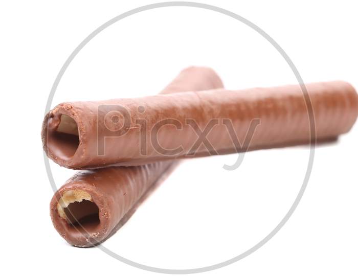 Chocolate Waffer Rolles. Isolated On A White Background.